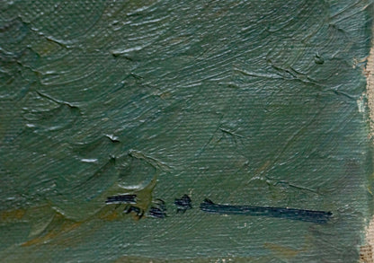 Oil painting Forest and long road textured green canvas with signature