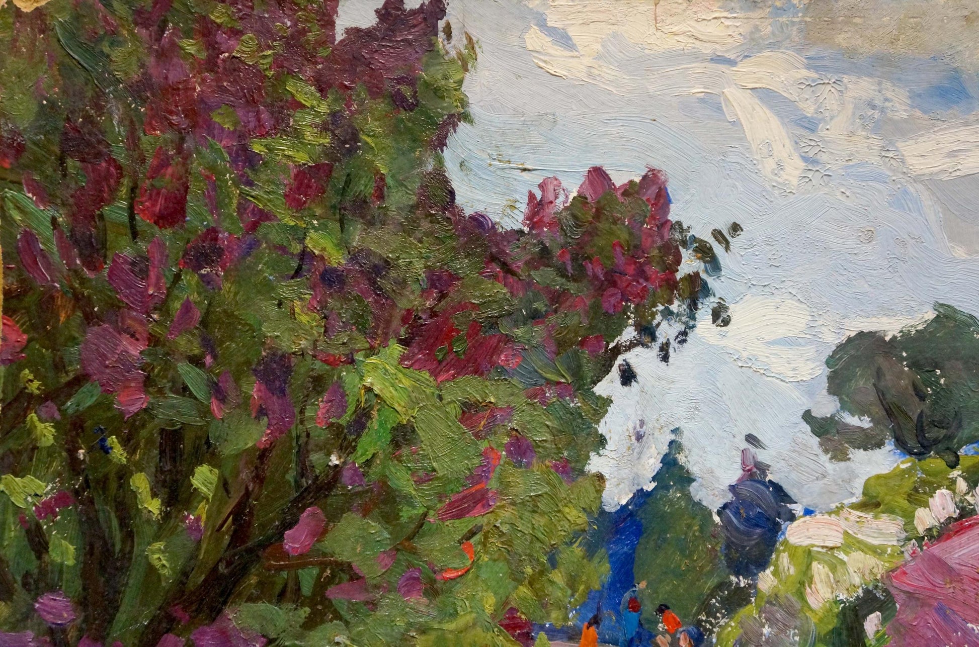Vibrant impressionist oil painting by Gantman Moisey Faibovich: lush tree with purple blossoms