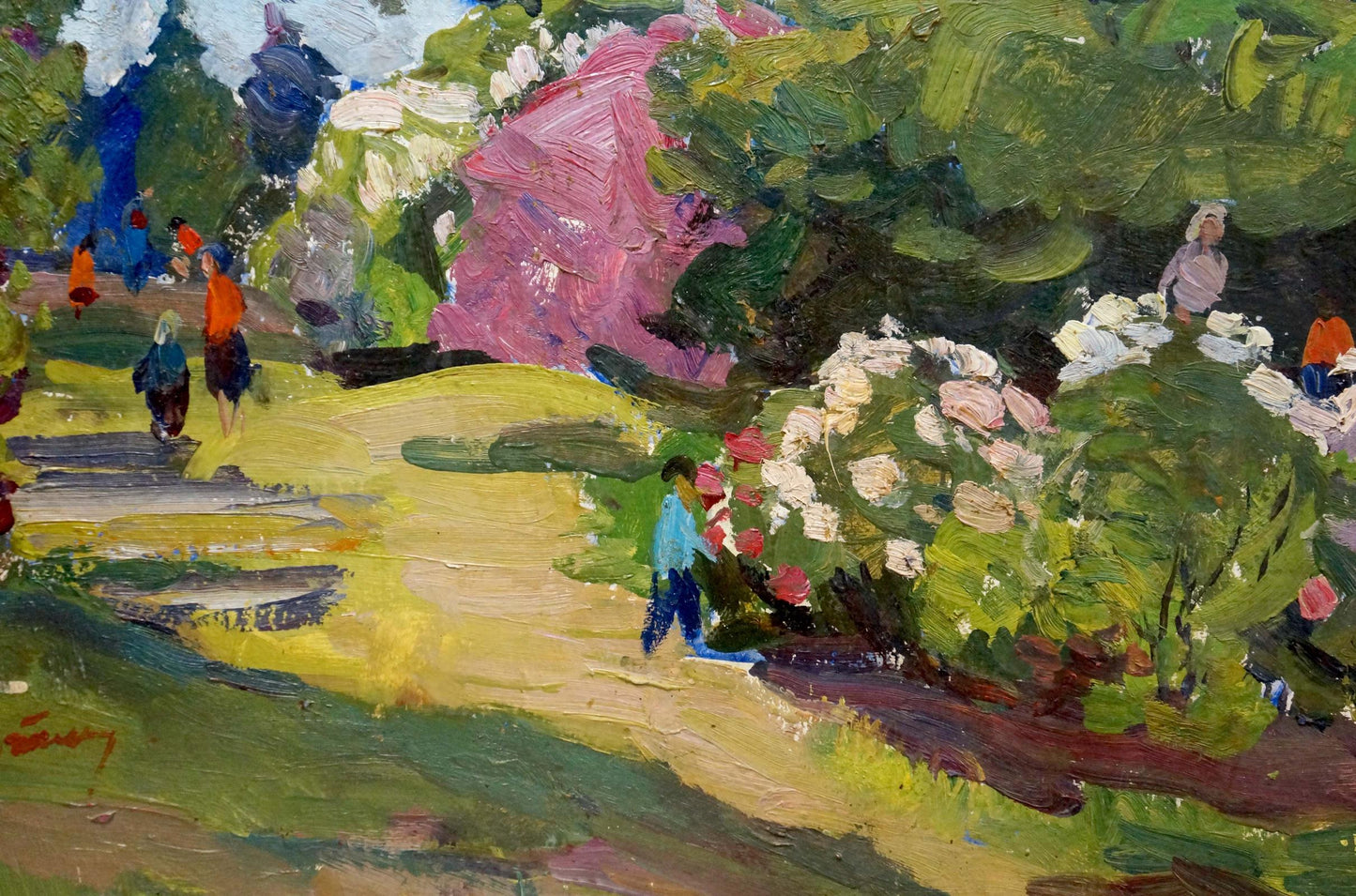 Vibrant impressionist oil painting by Gantman Moisey Faibovich of lush forest park path