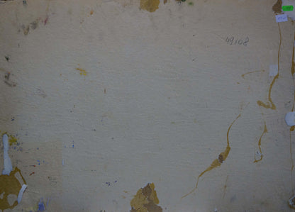Oil painting by Moisey Faibovich: weathered beige wall with peeling paint and yellow stains