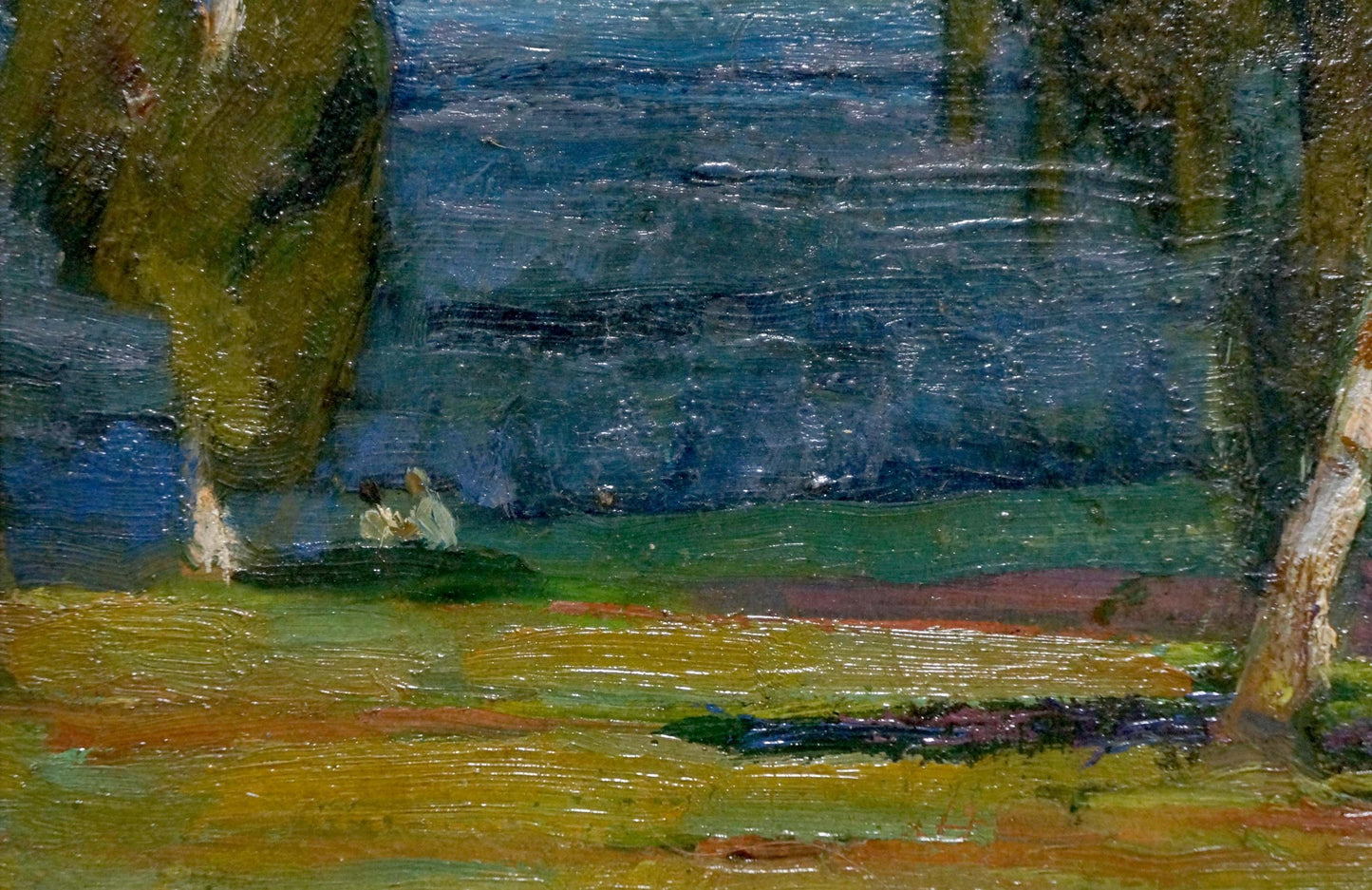Serene wooded landscape oil painting by unknown artist, impressionistic textured brushstrokes