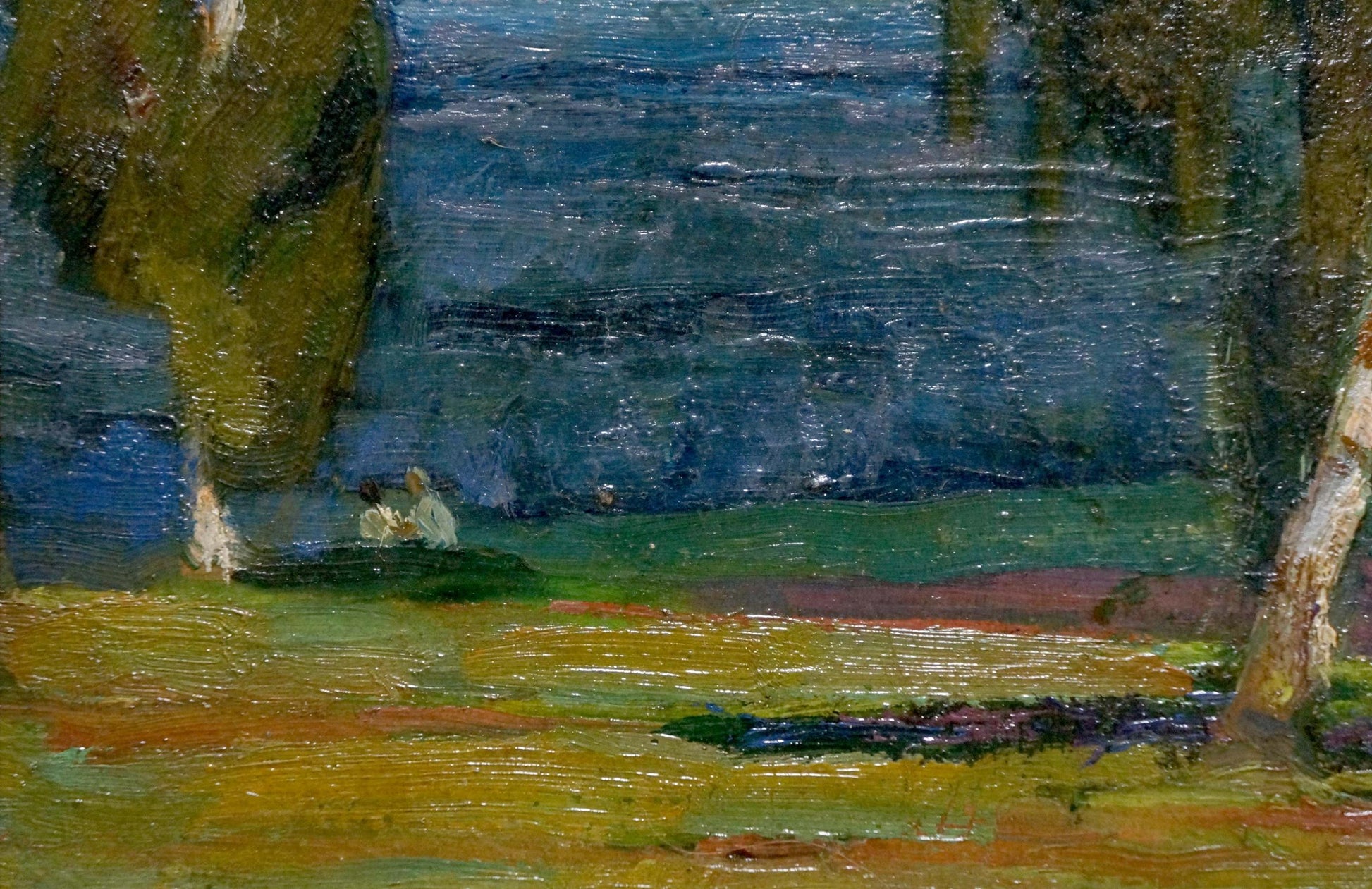 Serene wooded landscape oil painting by unknown artist, impressionistic textured brushstrokes