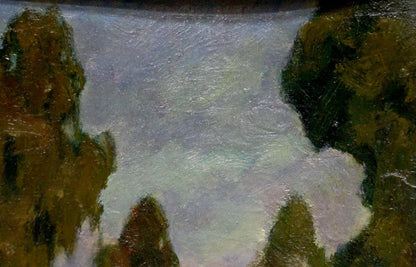 Oil painting In the Woods by unknown artist: serene river and green trees