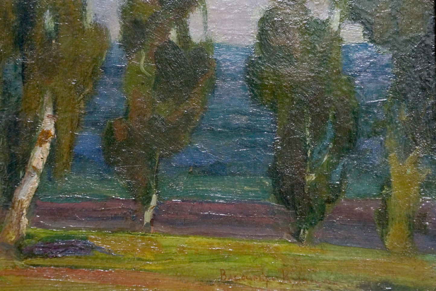Oil painting In the Woods: tall slender trees by blue water, textured foliage