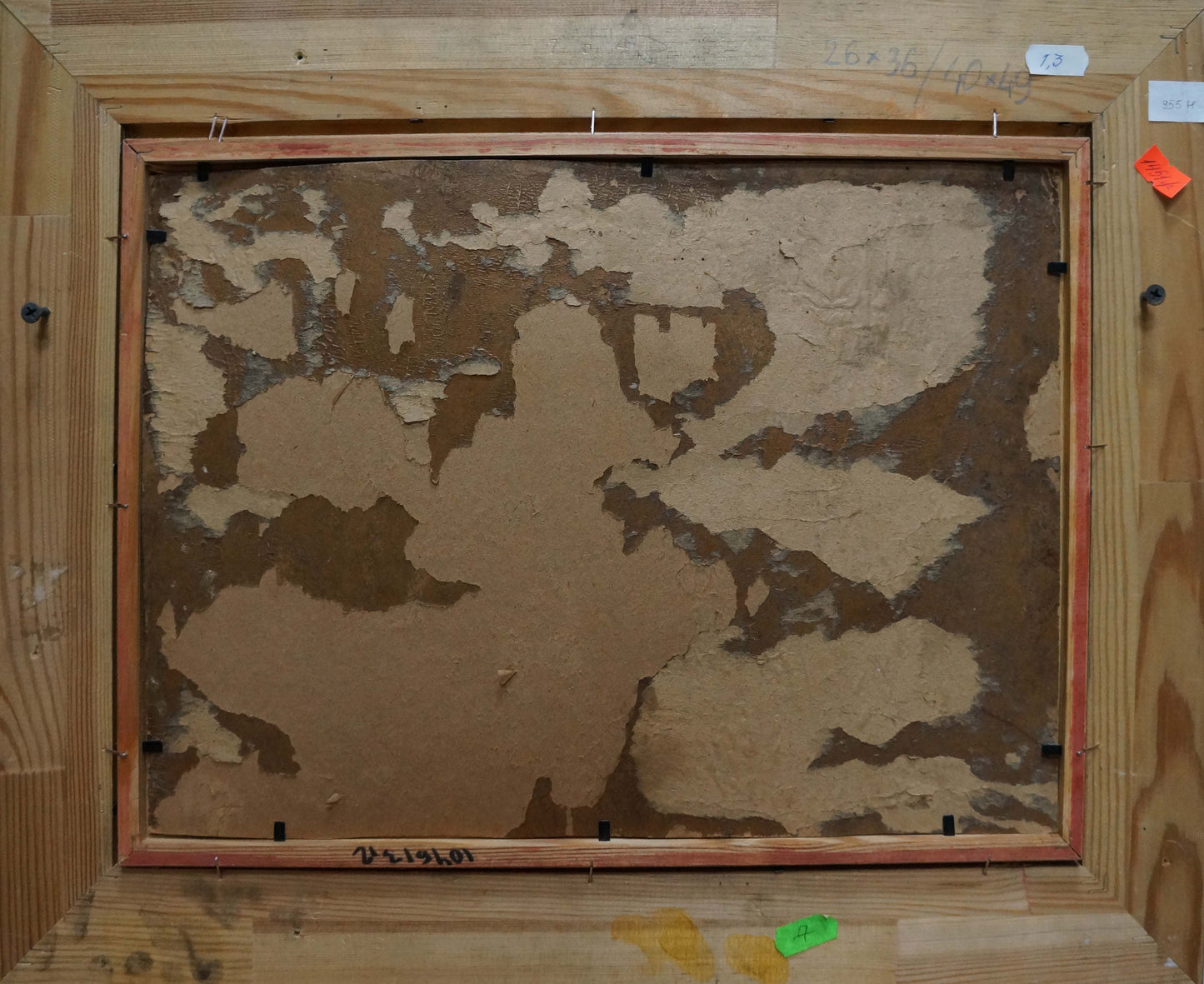 Back of framed oil painting In the Woods with peeling paint on wood panel