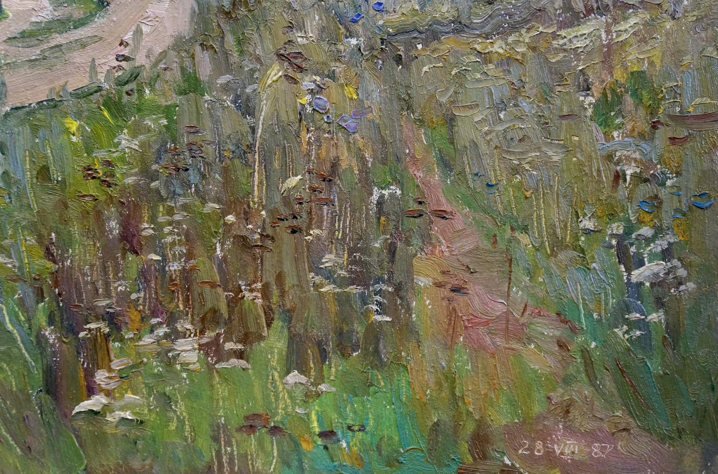 Textured oil painting of Road to the Forest by Gantman Moisey Faibovich, lush meadow