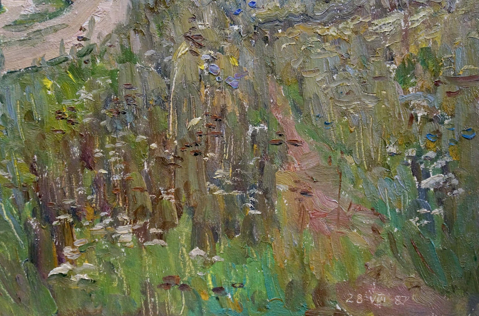 Textured oil painting of Road to the Forest by Gantman Moisey Faibovich, lush meadow