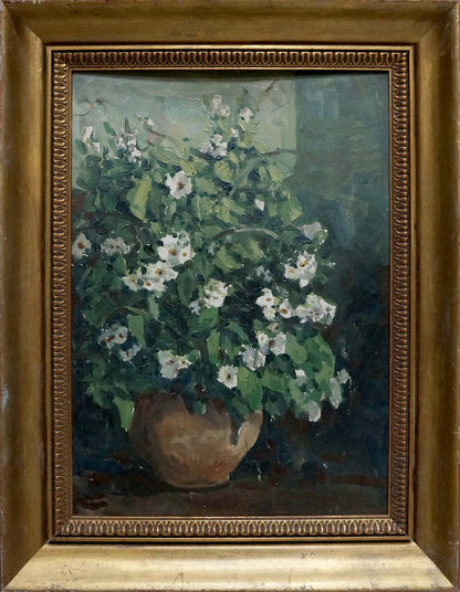 Oil painting of white flower bouquet in terracotta pot by Kompaniyets-Kiyanchenko Nadezhda Dmitriyevna