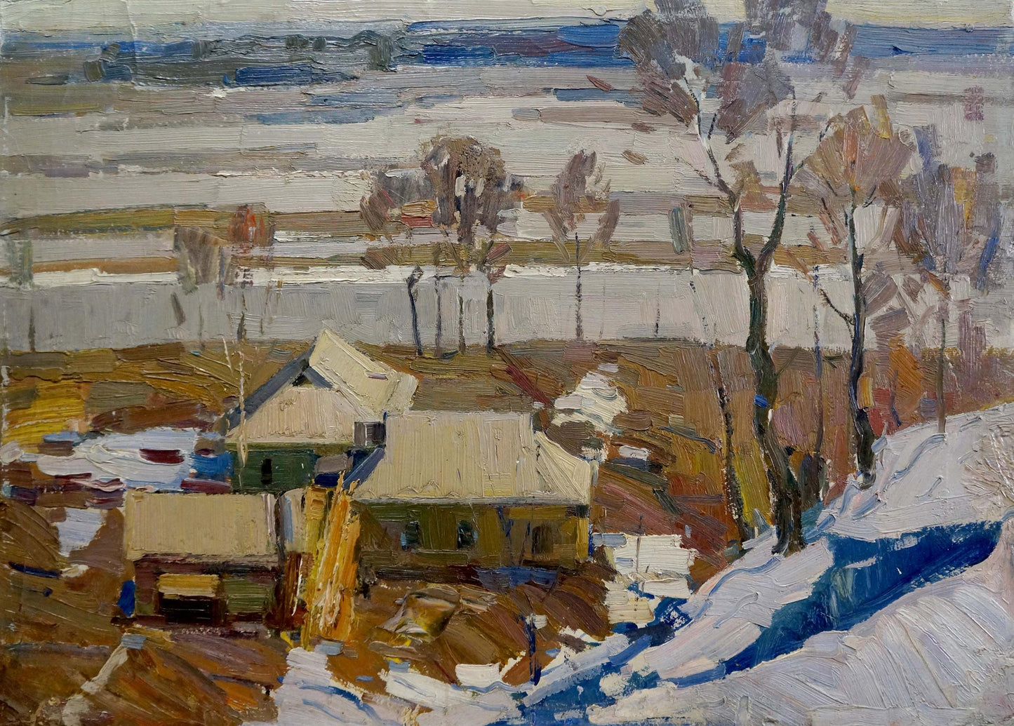 Textured impressionist oil painting of snowy village landscape by Lomykin Konstantin Matveevich