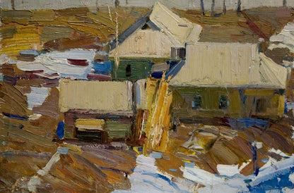 Oil painting of rustic village landscape by Lomykin Konstantin Matveevich
