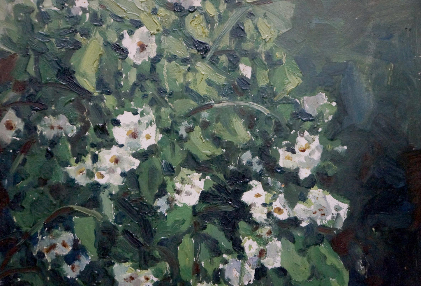 Lush impressionistic oil painting of white flowers by Kompaniyets-Kiyanchenko Nadezhda Dmitriyevna
