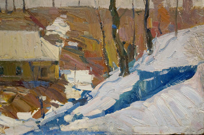 Textured impressionist oil painting of snowy village landscape by Lomykin Konstantin Matveevich