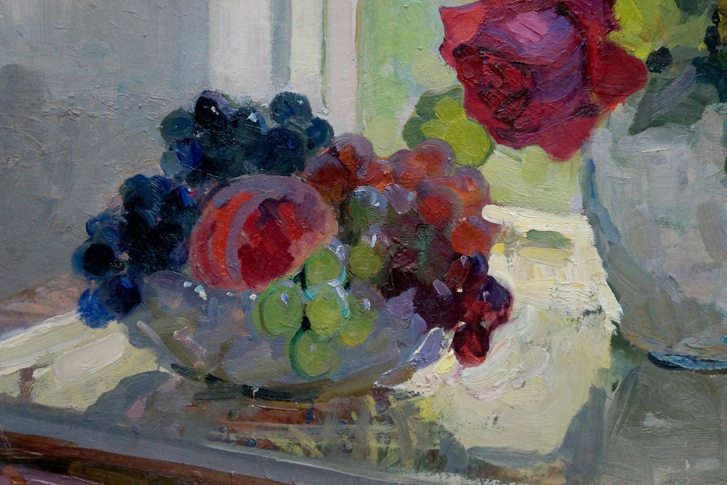 Oil painting of vibrant blue red green grapes in glass bowl by Merkuryev Alexey Efimovich