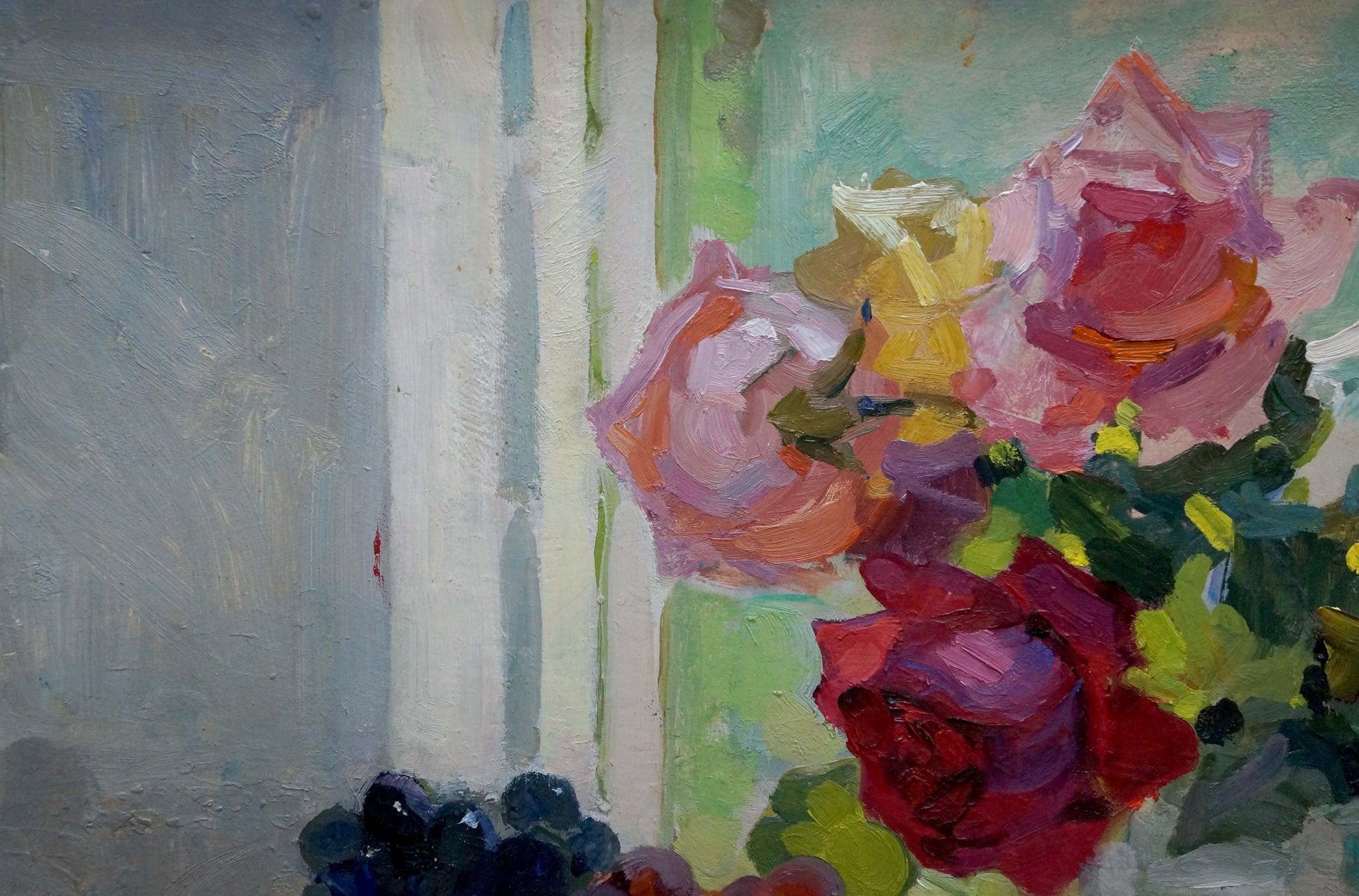 Oil painting of vibrant pink, red, yellow roses by Merkuryev Alexey Efimovich