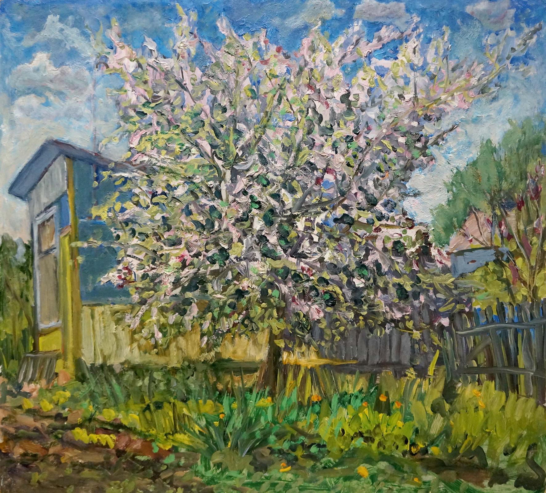 Impressionistic oil painting of blossoming tree by Kisel Ivan Gordeevich