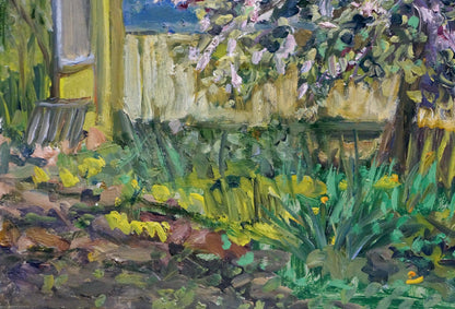Oil painting by Kisel Ivan Gordeevich: vibrant tree blooming in yard