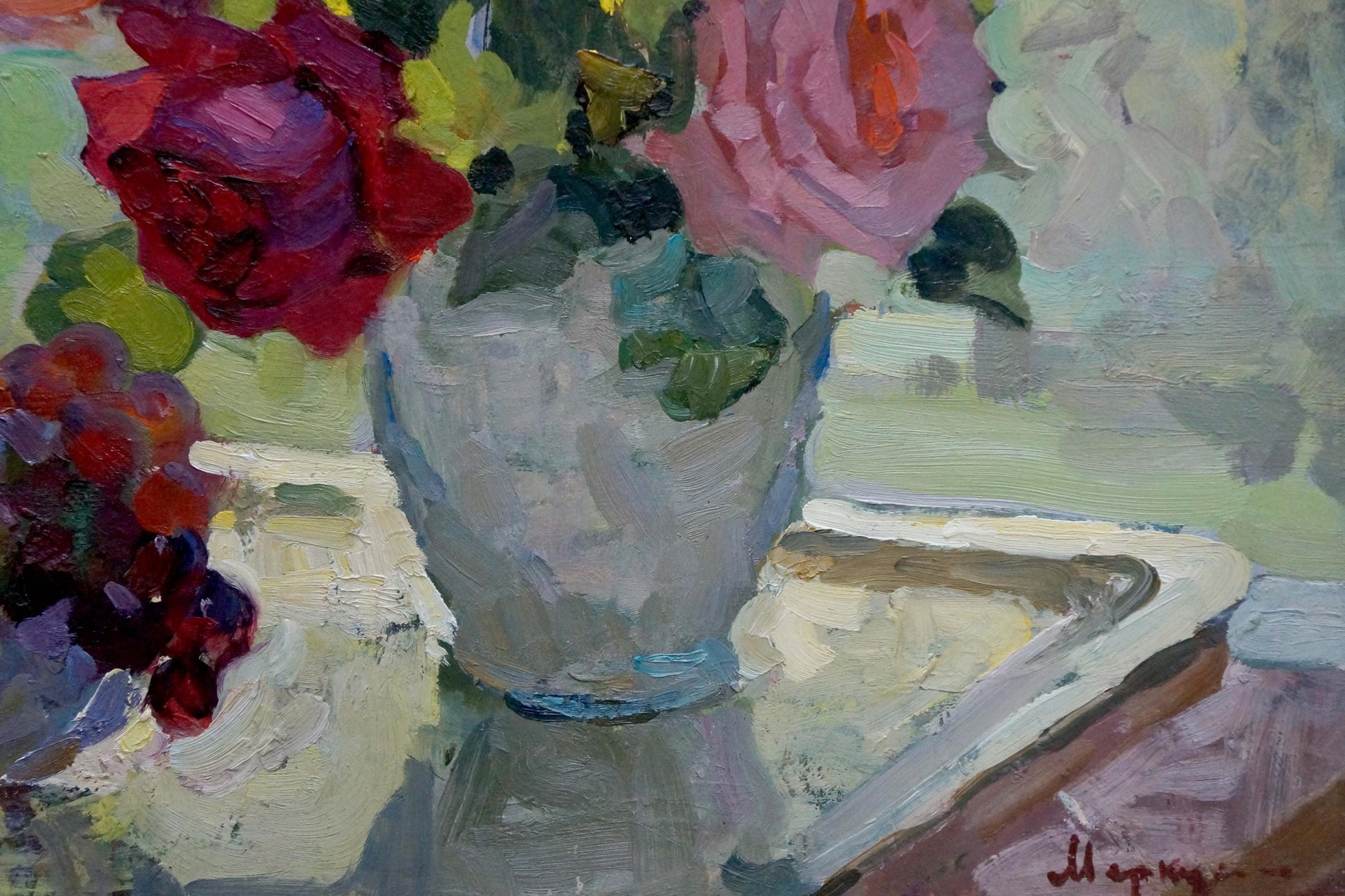 Oil painting of vibrant red pink roses in gray vase by Merkuryev Alexey Efimovich