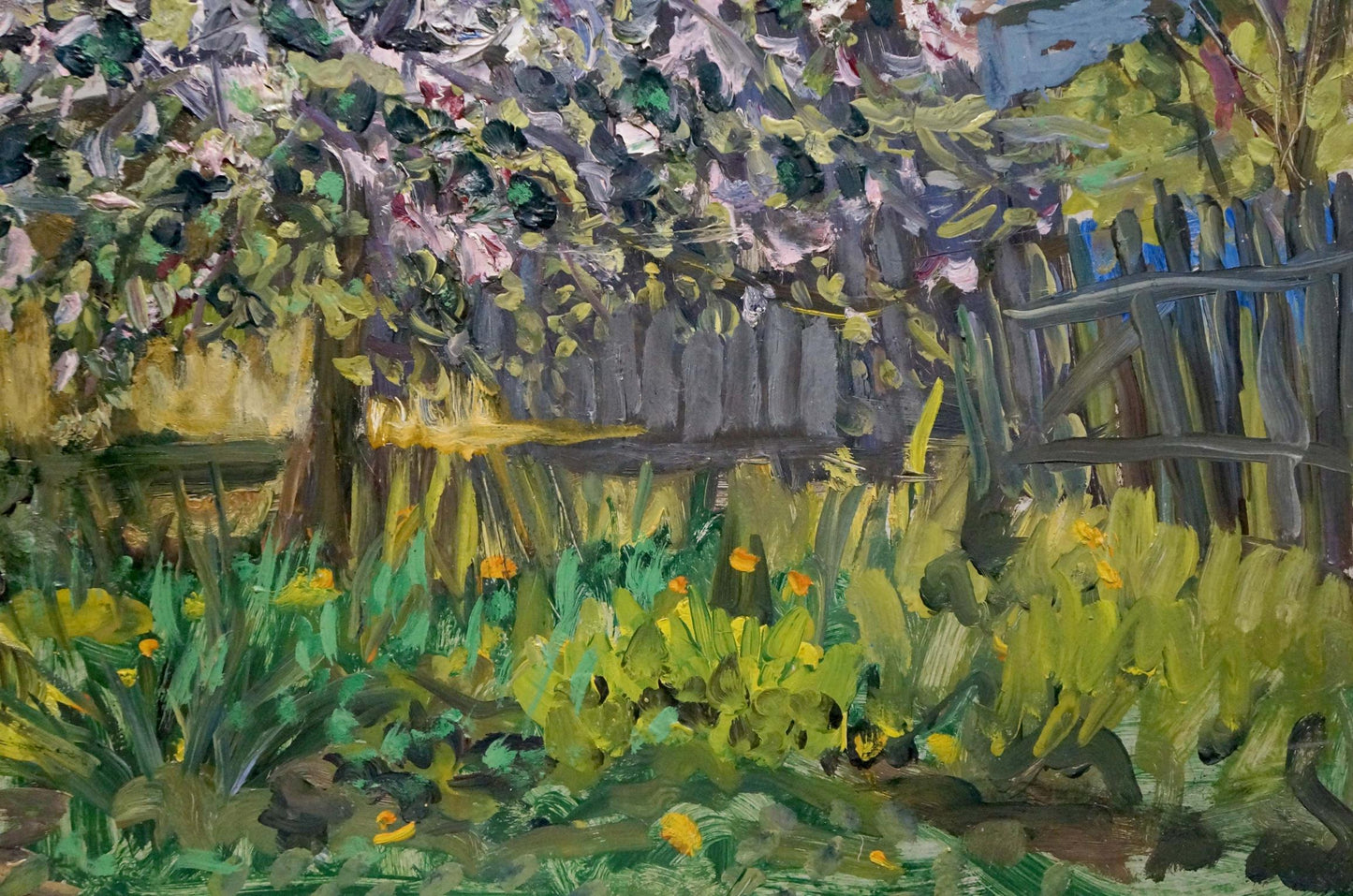 Vibrant impressionist oil painting by Kisel Ivan Gordeevich: tree blooms in lush garden yard