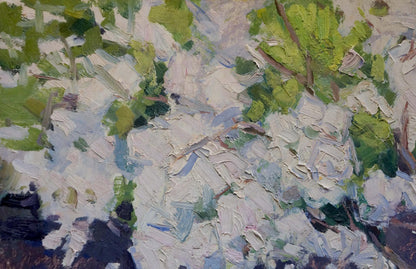 Oil painting of apple tree blossoms by Trypilsky in impressionist style