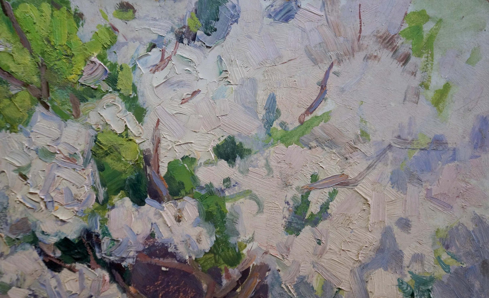 Textured impressionist oil painting of Trypilsky apple tree blossoms