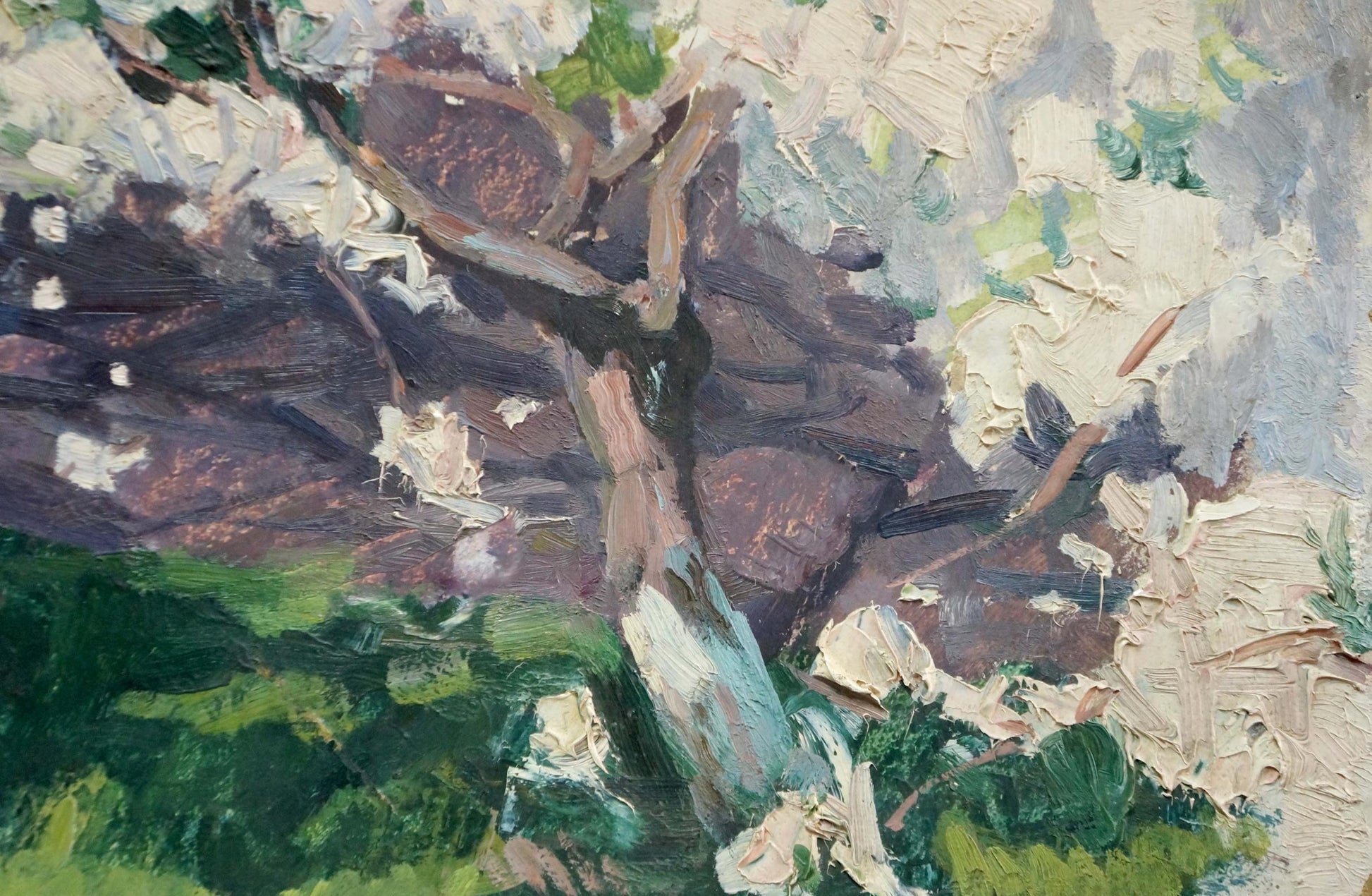 Textured oil painting of Trypilsky apple tree blossoms in earthy browns and greens