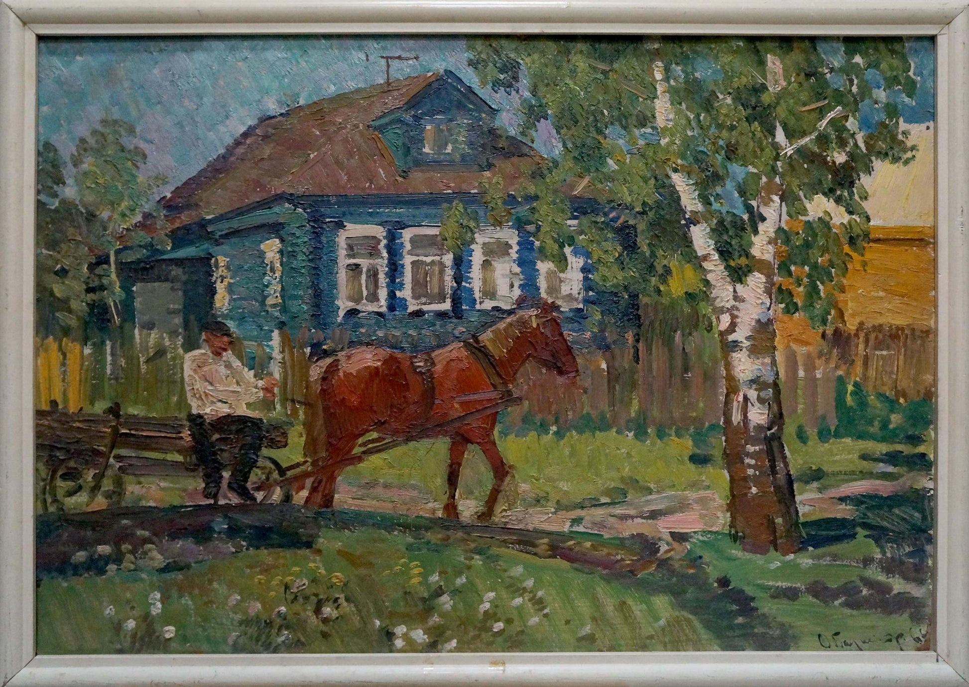 Oil painting of blue wooden village house by Baumeister Oleg Viktorovich