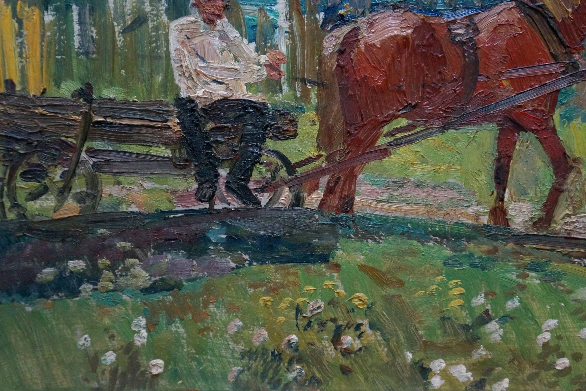Rustic oil painting by Baumeister Oleg Viktorovich of man on horse-pulled cart in village street