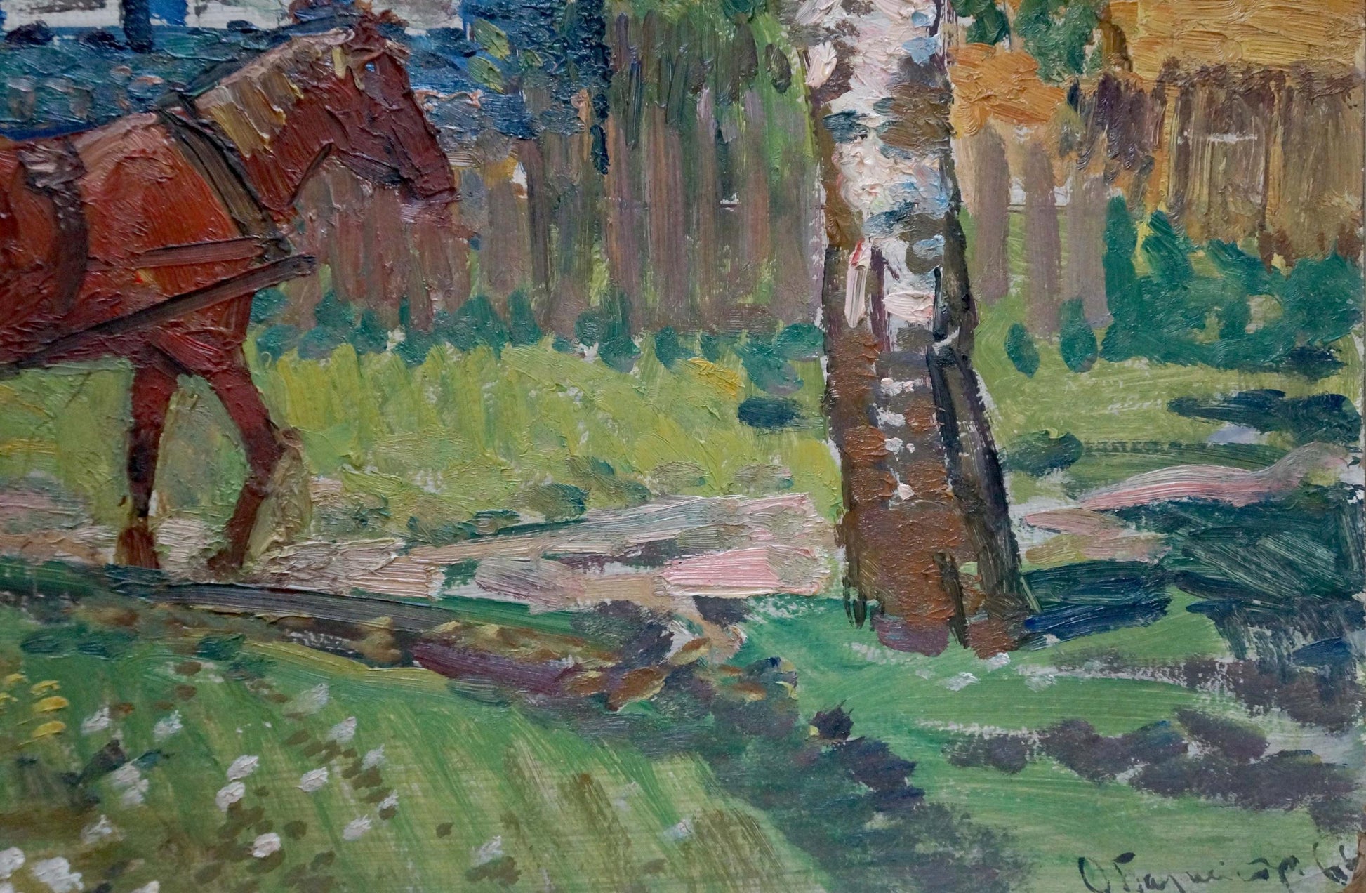 Reddish-brown horse with dark harness in impressionistic village street oil painting by Baumeister Oleg Viktorovich