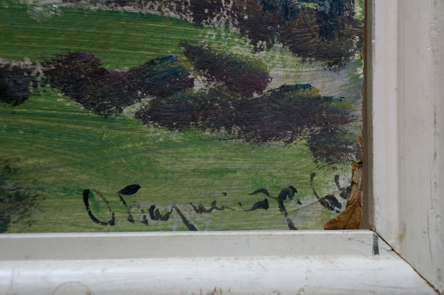 Signed oil painting by Baumeister Oleg Viktorovich: textured green fields, dark impressionistic trees