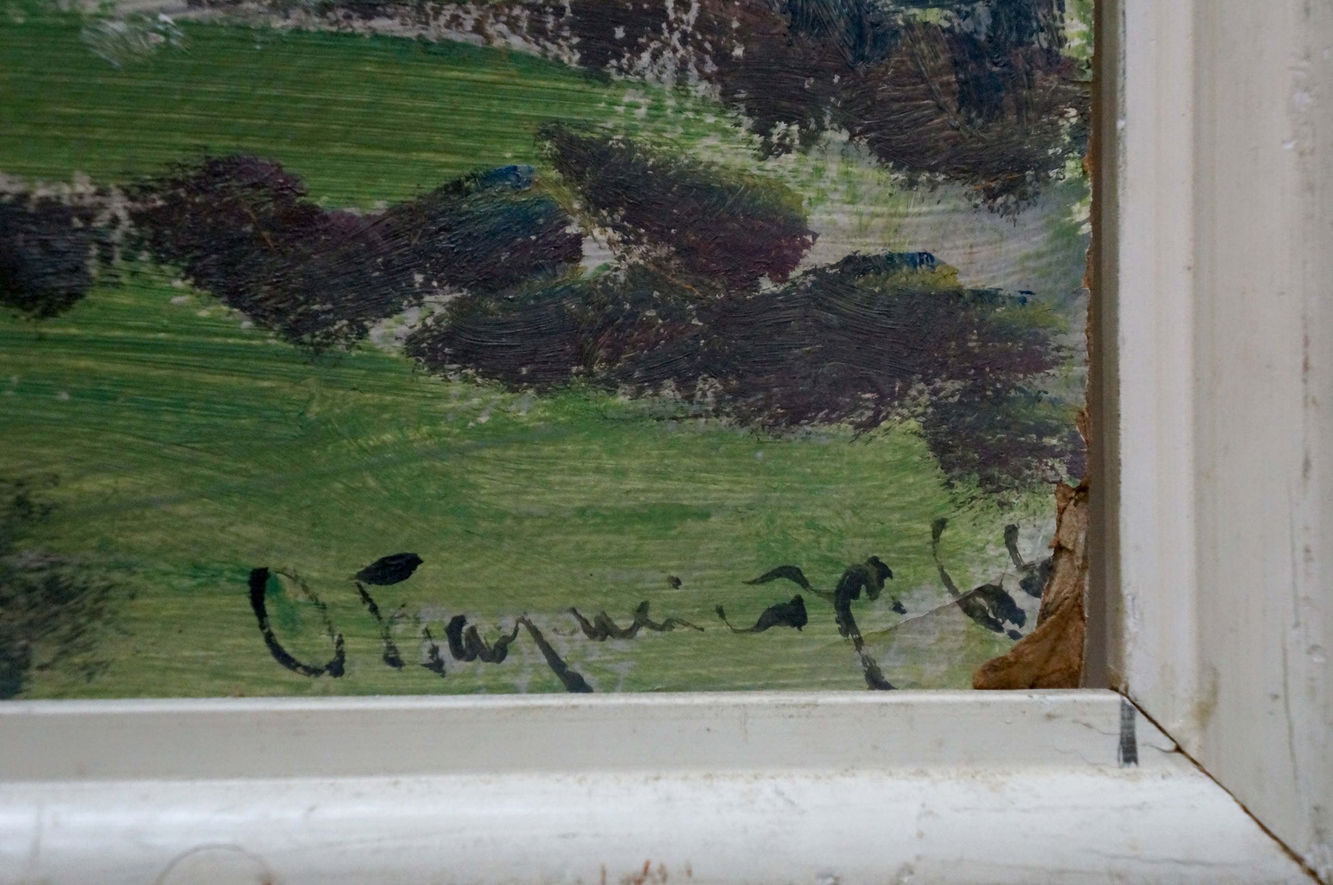 Signed oil painting by Baumeister Oleg Viktorovich: textured green fields, dark impressionistic trees