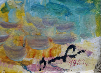 Back of Oil painting Village Kisel by Ivan Gordeevich, 1969 abstract teal yellow purple