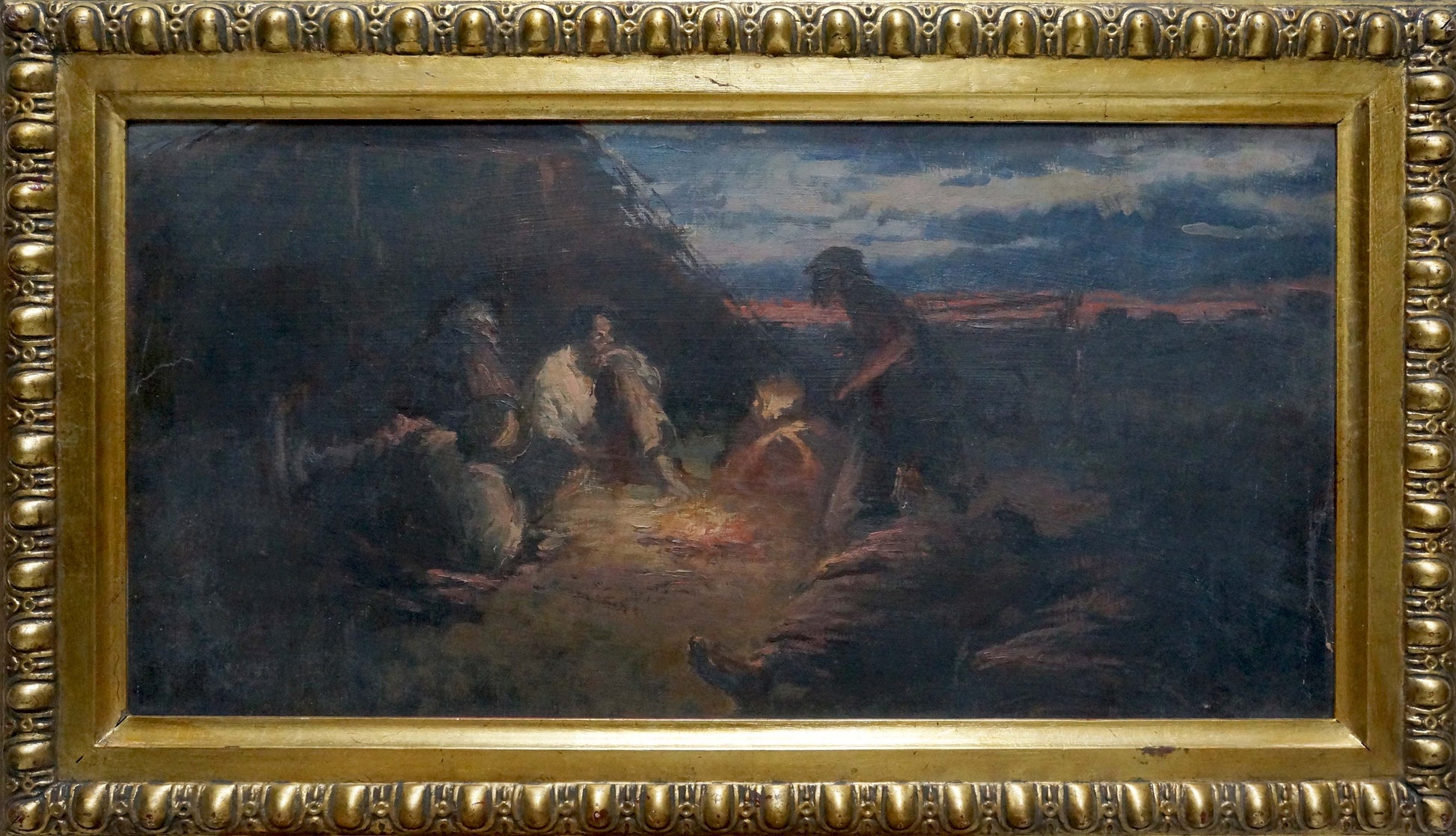 Oil painting Evening, people rest by fire under twilight sky in ornate frame