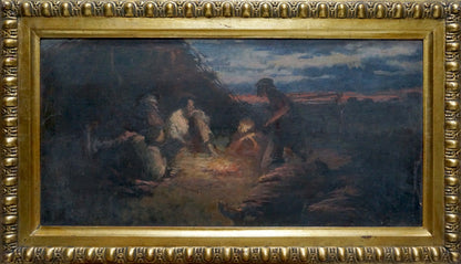 Oil painting Evening, people rest by fire under twilight sky in ornate frame