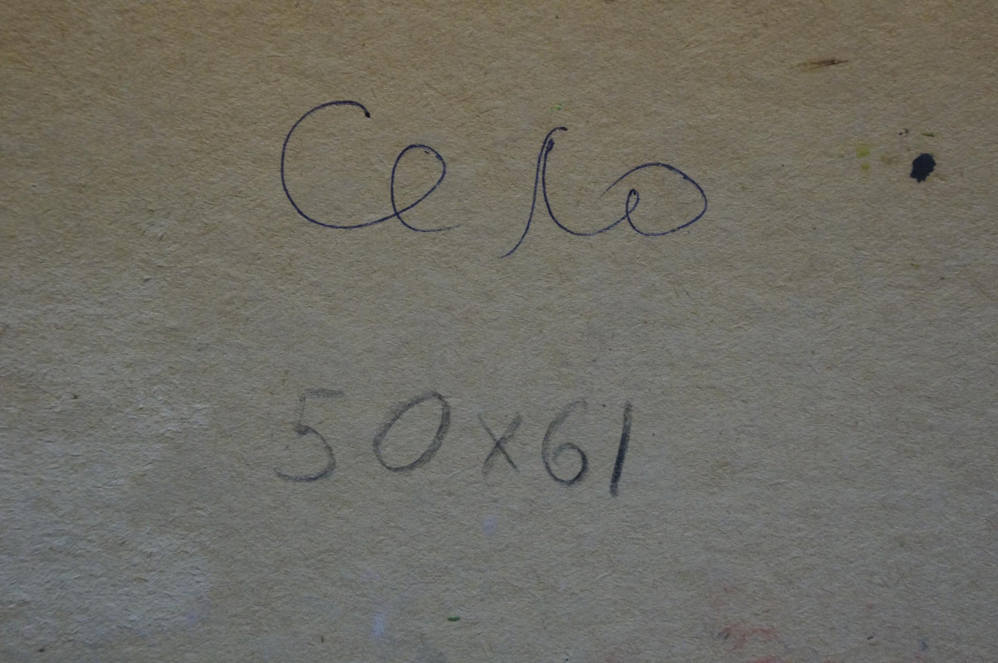 Back of Oil painting Village Kisel Ivan Gordeevich: handwritten cero 50x61 on beige wall