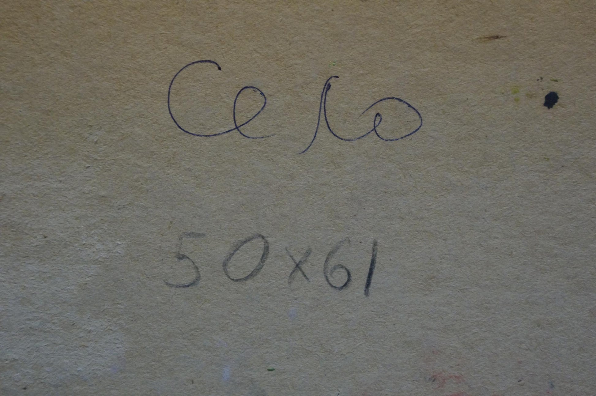 Back of Oil painting Village Kisel Ivan Gordeevich: handwritten cero 50x61 on beige wall