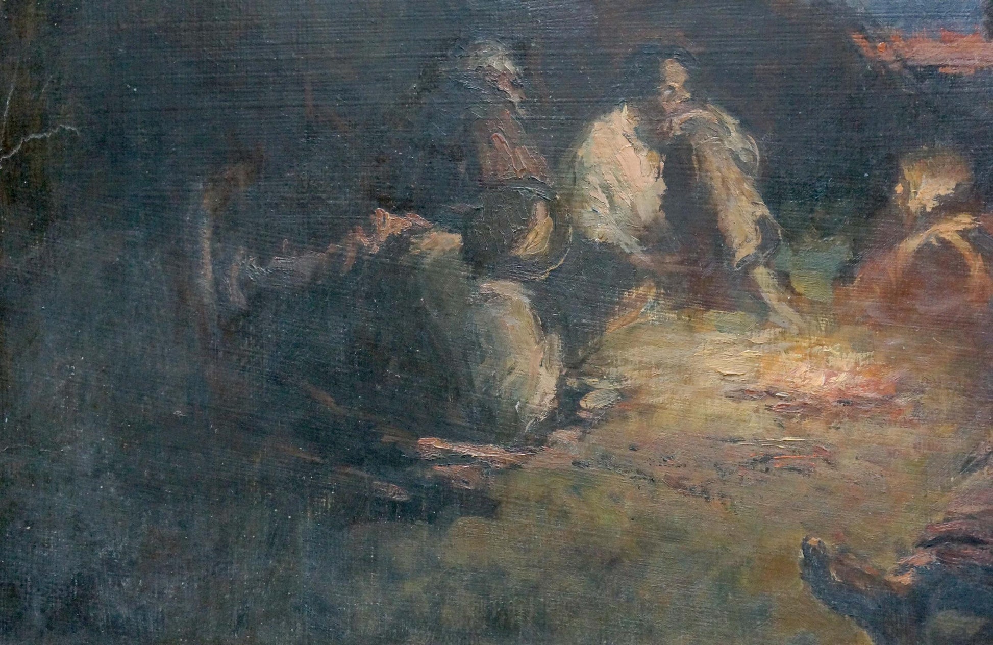 Oil painting Evening, people rest by fire in dark blues and earthy tones