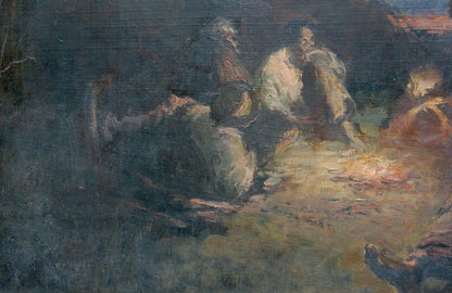 Oil painting Evening, people rest by fire in dark blues and earthy tones