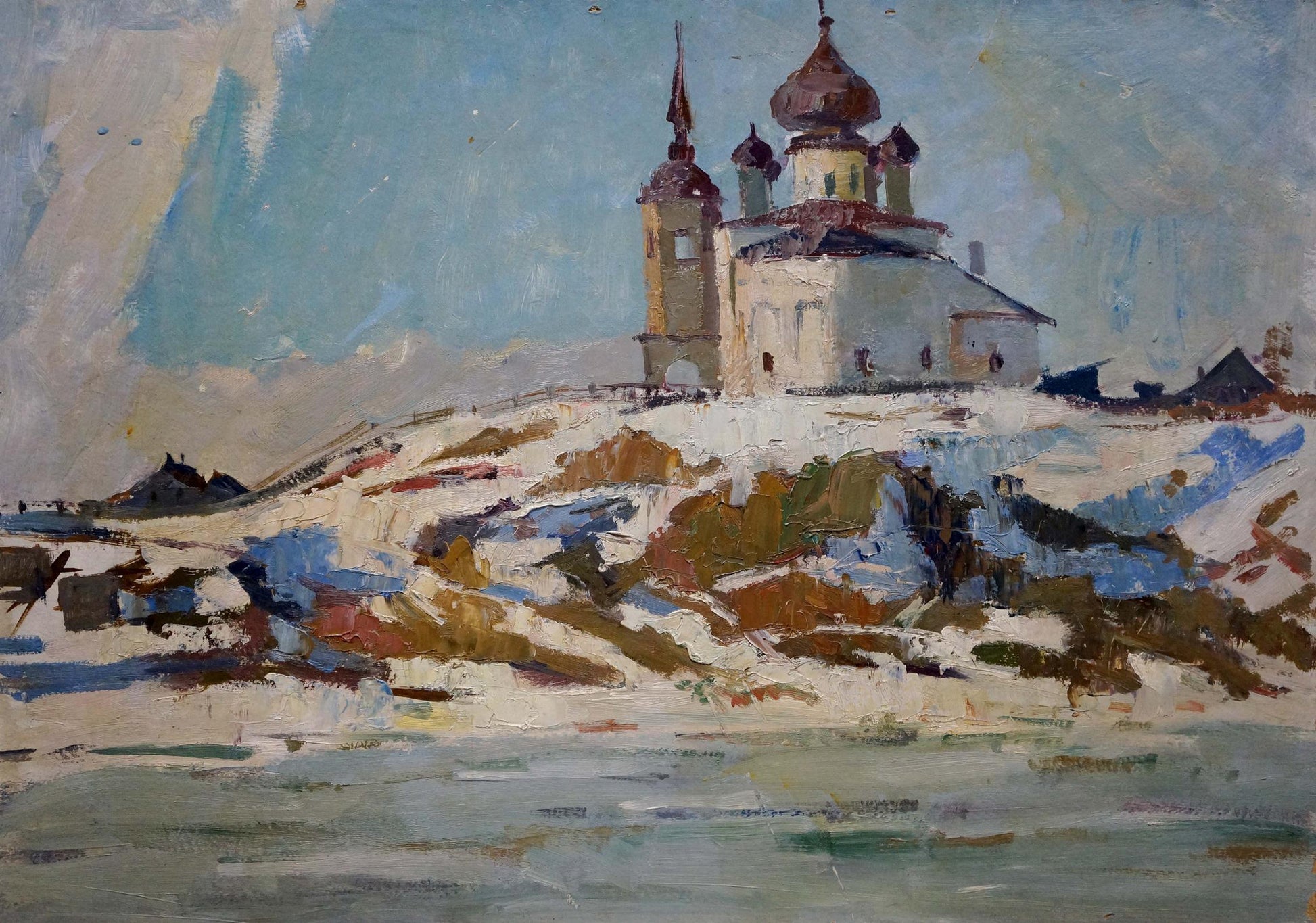 Oil painting by A. G. Gulyaev: old white church with dark domes on snowy hill