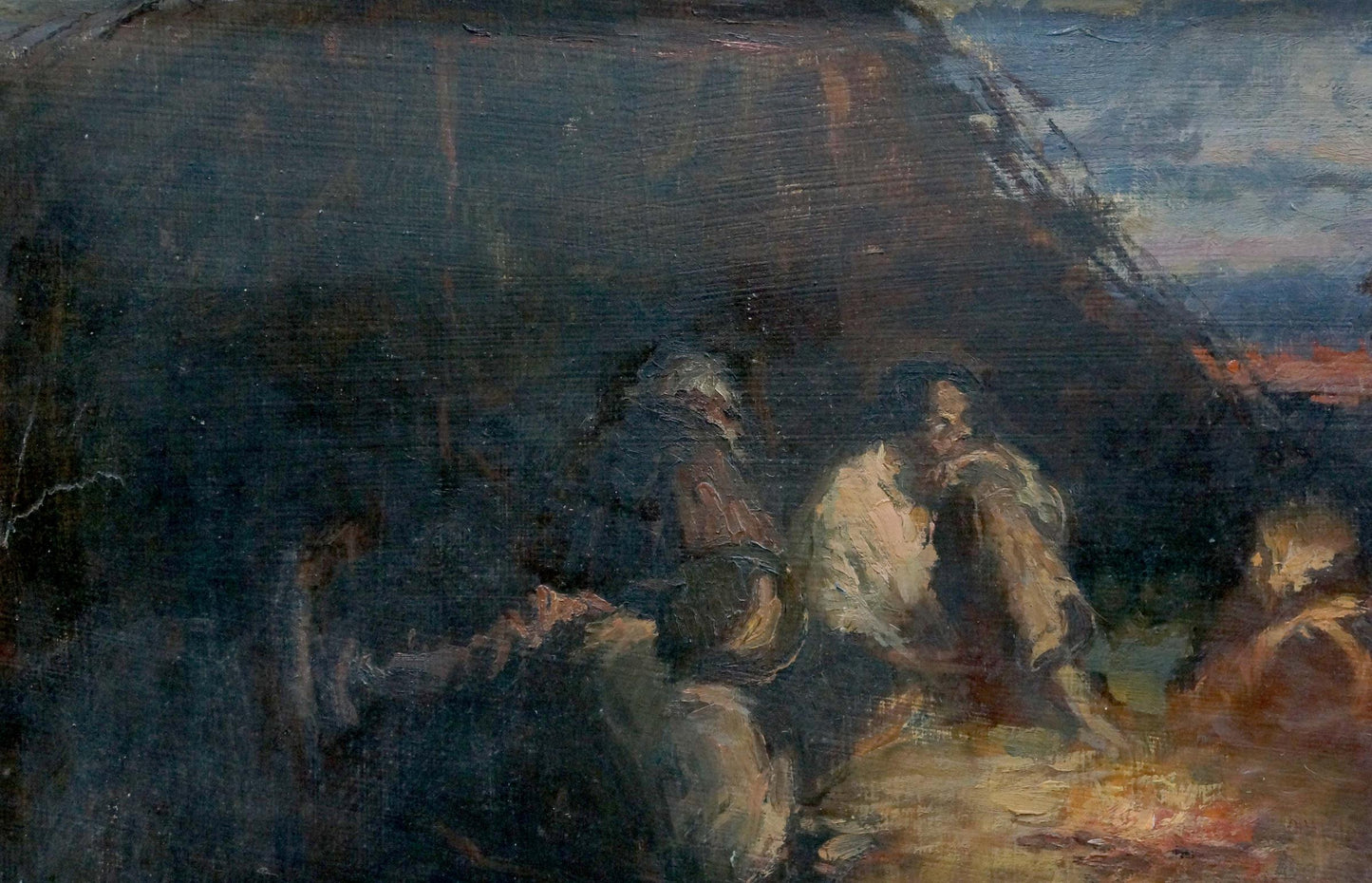 Dark oil painting Evening, people rest under thatched roof