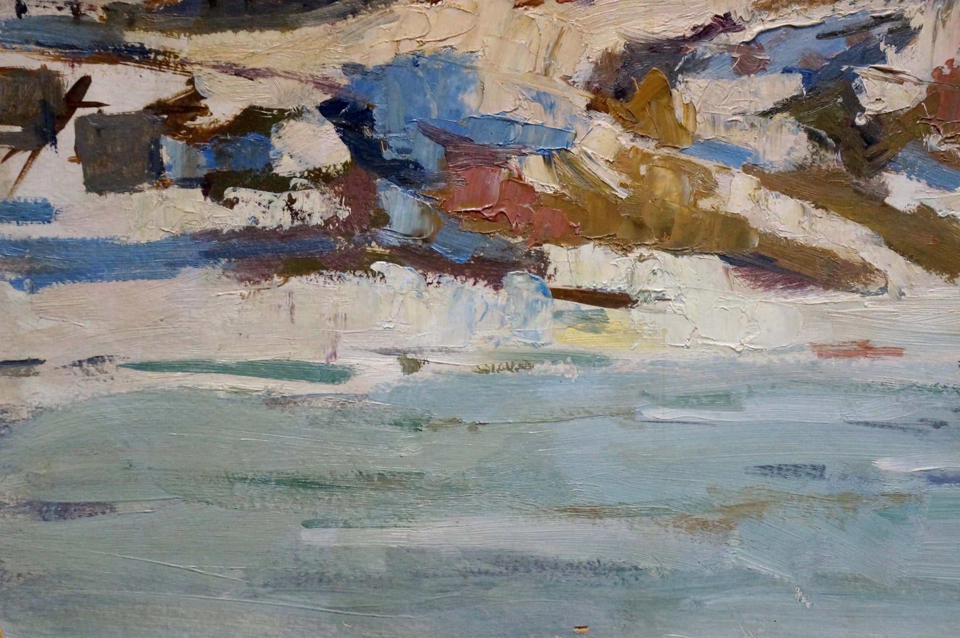 Oil painting Old church on the shore by A. G. Gulyaev, abstract textured blues