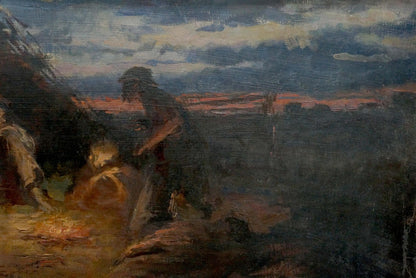 Dark impressionistic oil painting Evening people rest solitary figure moody sky