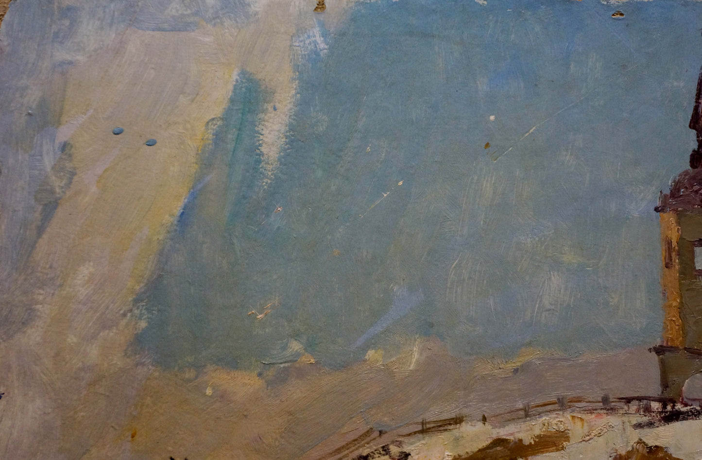 Oil painting of old church on shore by A. G. Gulyaev, impressionistic blue sky
