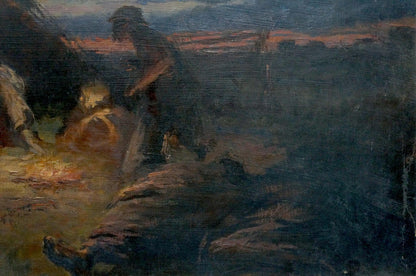Dark impressionistic oil painting Evening, people rest in dimly lit landscape