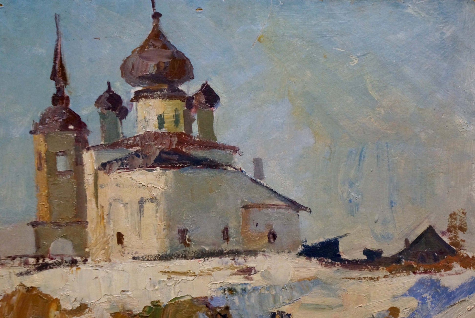 Oil painting of Old Church on the Shore by A. G. Gulyaev, snowy landscape