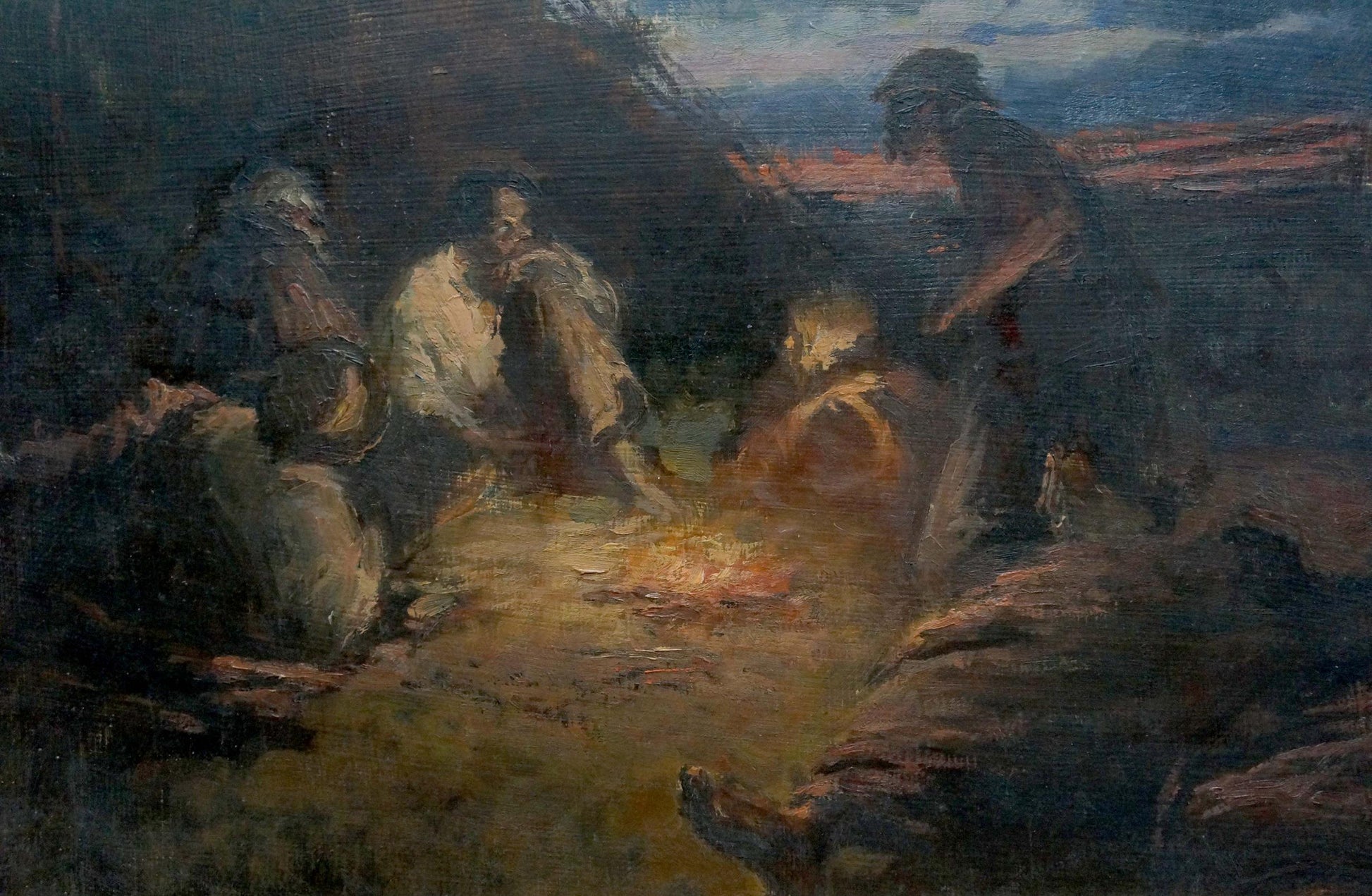 Oil painting Evening, people rest by glowing fire in rustic night scene