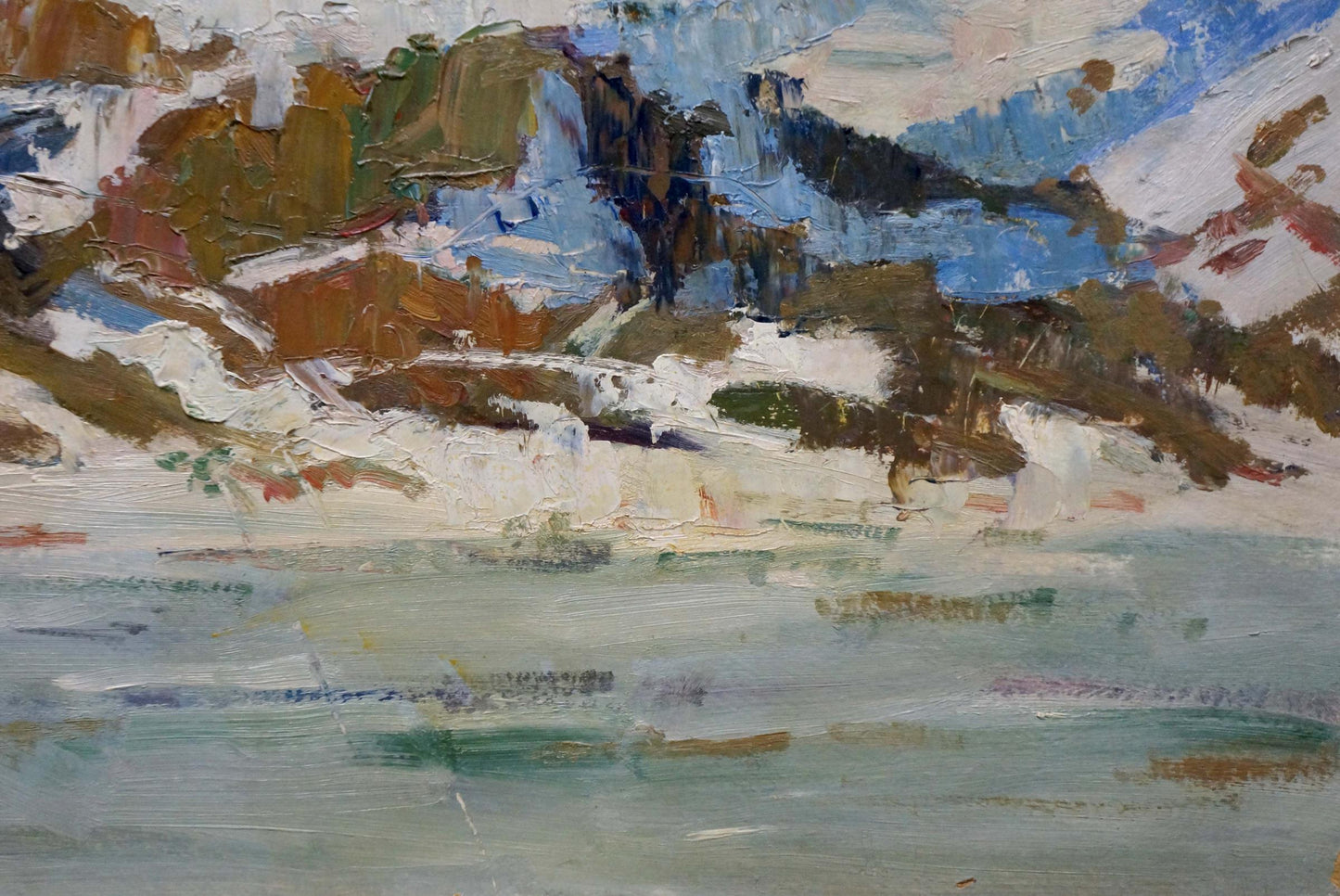 Impressionistic oil painting of old church on snowy shore by A. G. Gulyaev