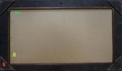 Back of Evening people rest oil painting with beige canvas and corner tags