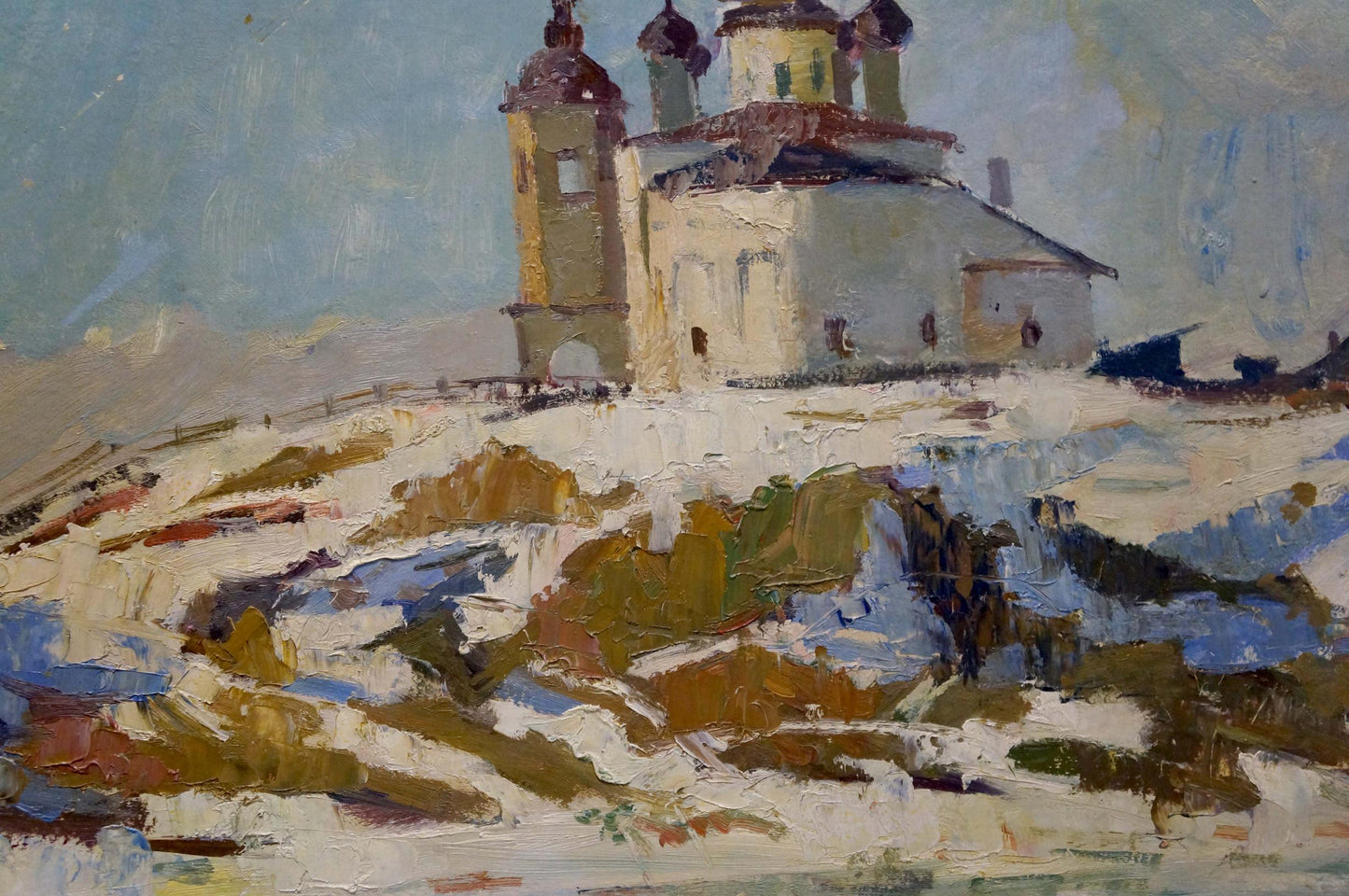 Oil painting by A. G. Gulyaev: old church on snowy shore hillside