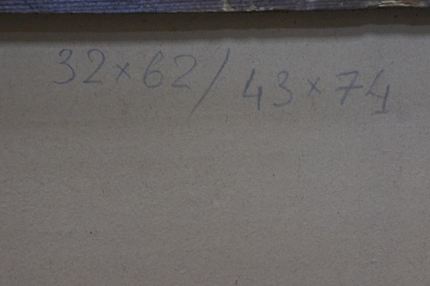 Back of Oil painting Evening people rest with handwritten black ink measurements on beige surface