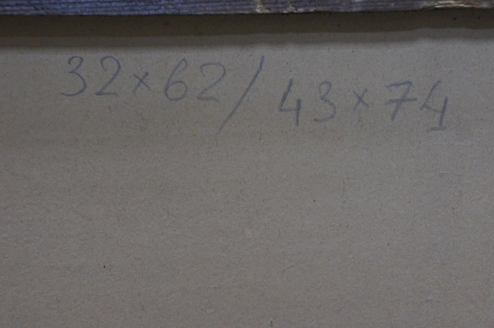 Back of Oil painting Evening people rest with handwritten black ink measurements on beige surface